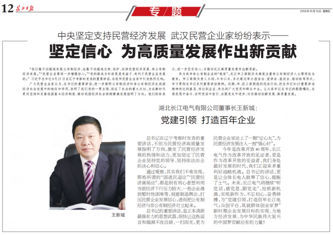 《长江日报》|长江电气党委书记、董事长王新城：党建引领 打造百年企业